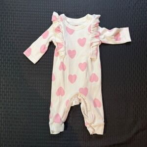 Cat Jack Baby Girl Romper White Pink Hearts Ruffle Sleeve Valentines 0-3 Months